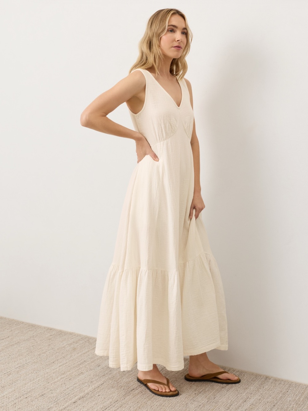 Pact Organic Coastal Double Gauze Beach To Brunch Maxi Dress M Cream